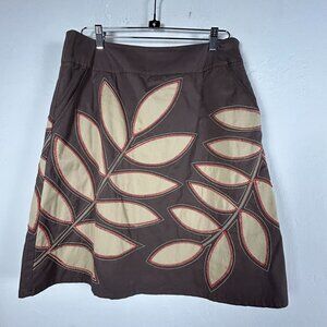 Boden Womens A-Line Skirt Brown Beige Leaf Embroidery 100% Cotton Size 12R Lined